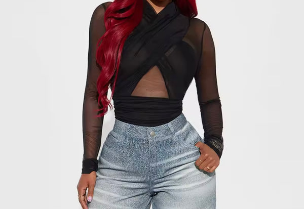 Women Sexy Fashion Criss Cross Mesh Full Sleeve Bodysuit Top