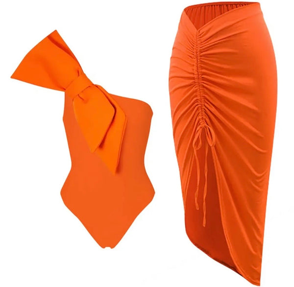 Women Sexy Orange Bow One Shoulder Swimsuit Cover Up Set