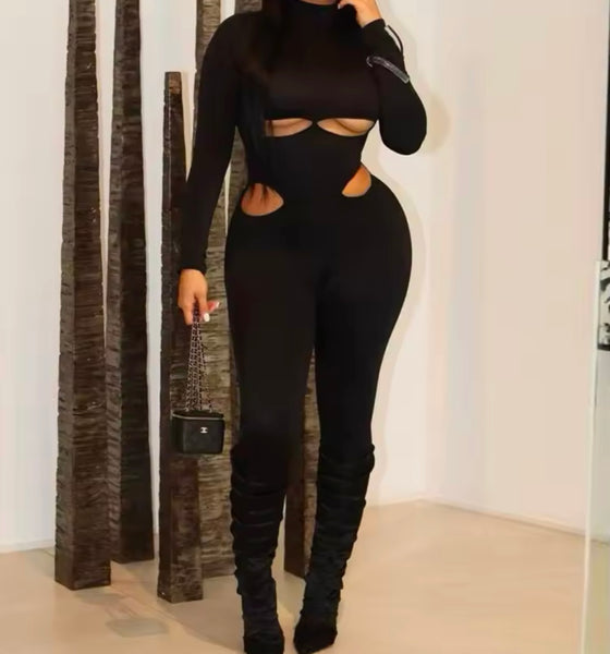 Women Black Sexy Cut Out Full Sleeve Jumpsuit