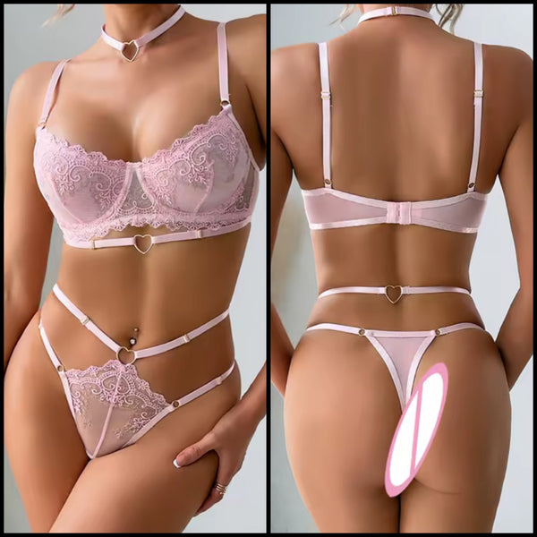 Pink Sexy Heart Choker Lace Mesh Lingerie Set