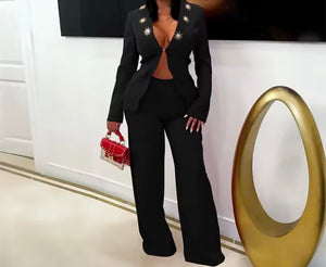 Women Sexy Color Full Sleeve Blazer Two Piece Pant Set