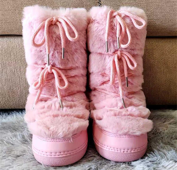 Women Fashion Color Faux Fur Platform Lace Up Boots