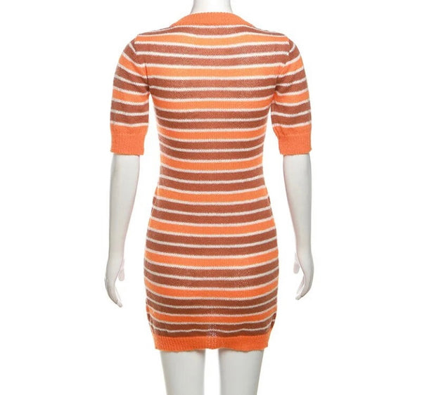 Women Sexy Short Sleeve Striped Button Up Dress