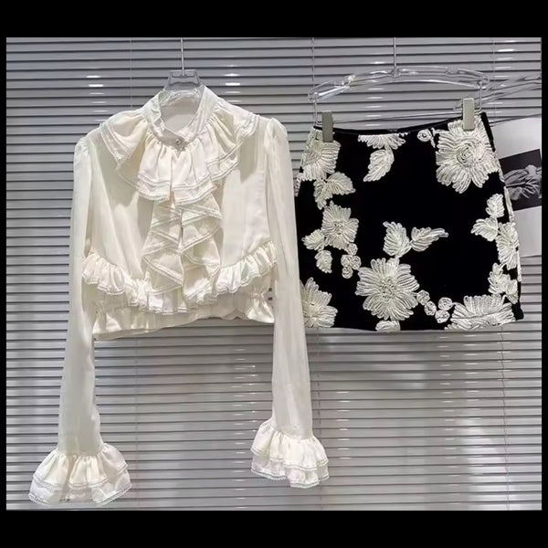 Women Button Up Ruffled Full Sleeve Two Piece B&W Skirt Set