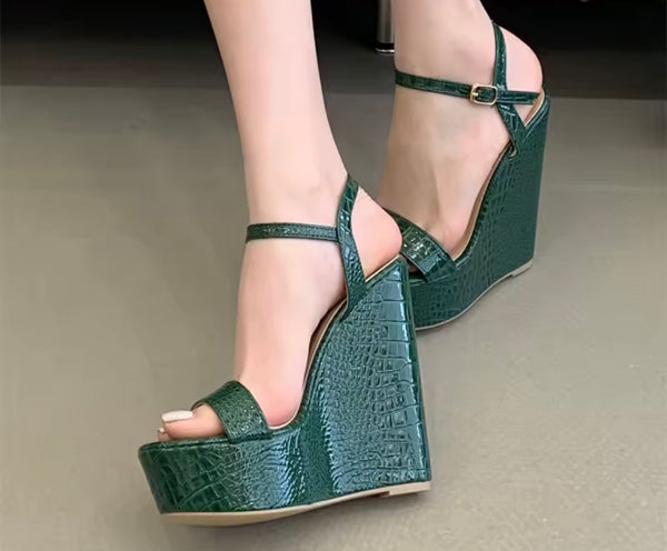 Women Fashion Green Open Toe Platform Wedge Sandals