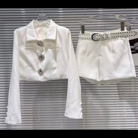 Women White Quilted Bling Button Up Blazer Two Piece Short Set
