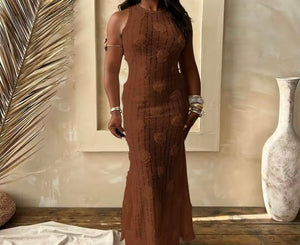 Women Sexy Sleeveless Solid Color Floral Maxi Dress