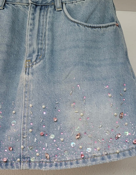 Women Blue Fashion Beaded Bling Denim Skirt