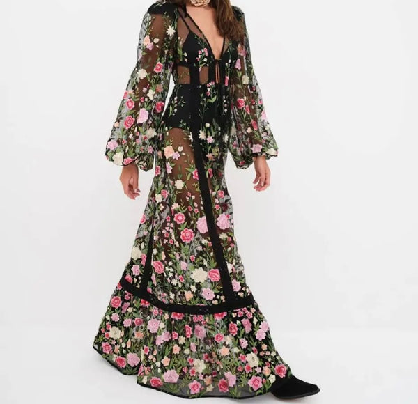 Women Sexy Mesh Floral Open Back Full Sleeve Maxi Dress