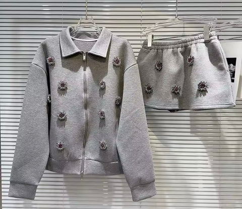 Women Fashion Beaded Flower Zip Up Full Sleeve Two Piece Skirt Set