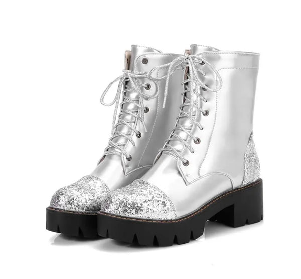 Women Fashion Patent Leather Sequins Patchwork Lace Up Ankle Boots