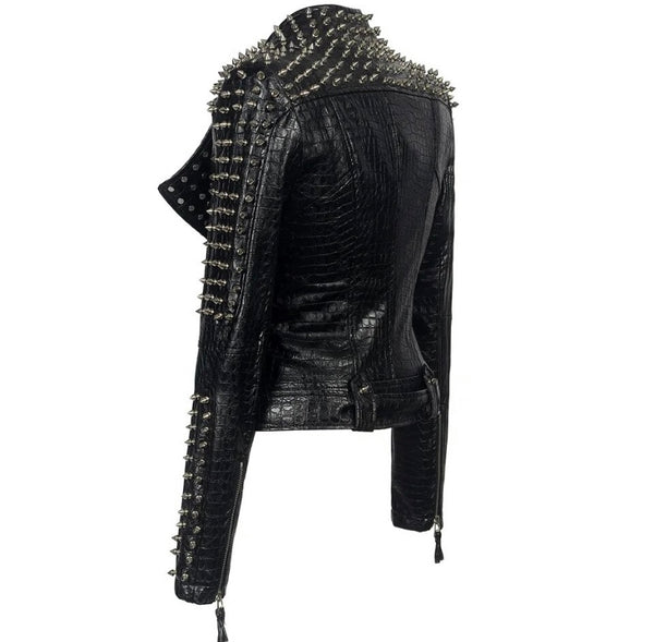 Women Black Rivet Fashion Leather Jacket