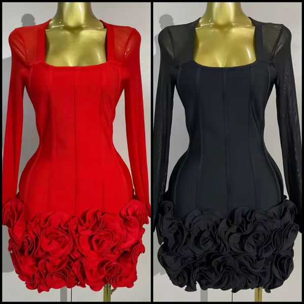 Women Sexy Mesh Full Sleeve Floral Ruffled Dress