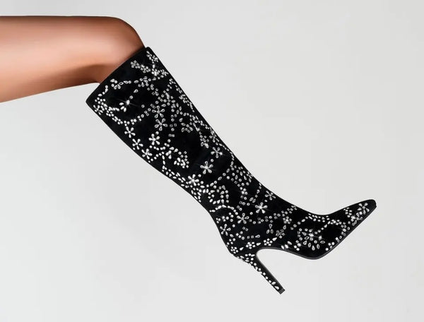 Women Fashion Black Suede Bling Knee High Boots