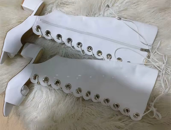 Women White Open Toe Metal Hollow Out Lace Up Knee High Sandals