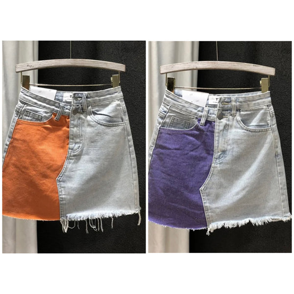 Women Fashion Fringe Color Patchwork Denim Skirt