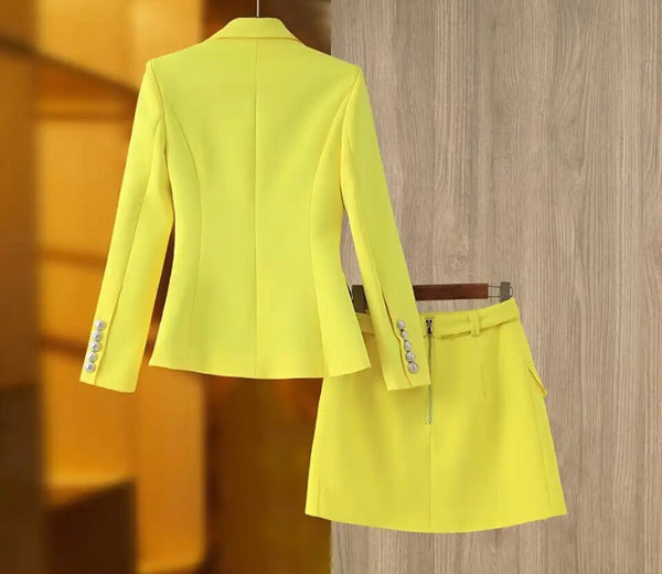 Women Yellow Fashion Two Piece Blazer Skirt Set