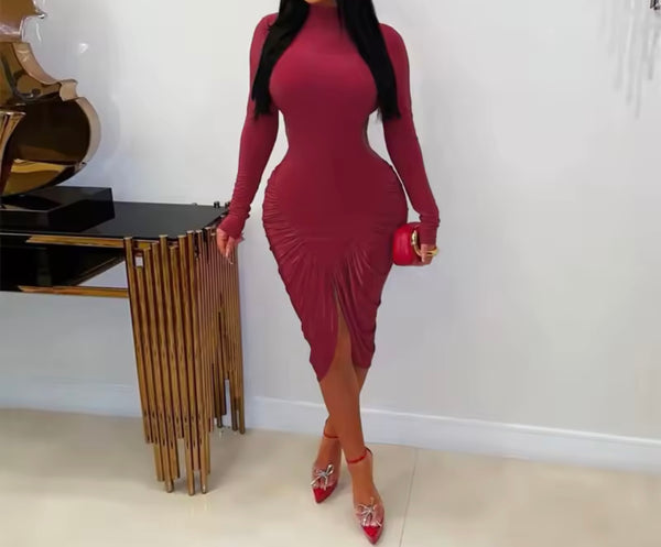 Women Sexy Full Sleeve Ruched Open Back Dress