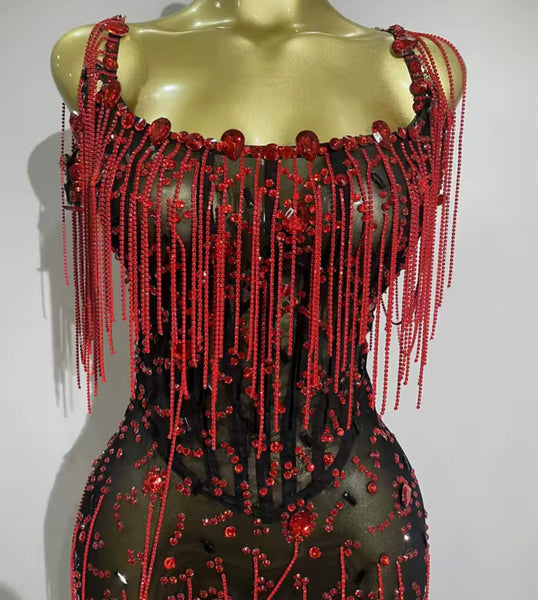 Women Sexy Sleeveless Black Beaded Crystal Tassel Mesh Dress