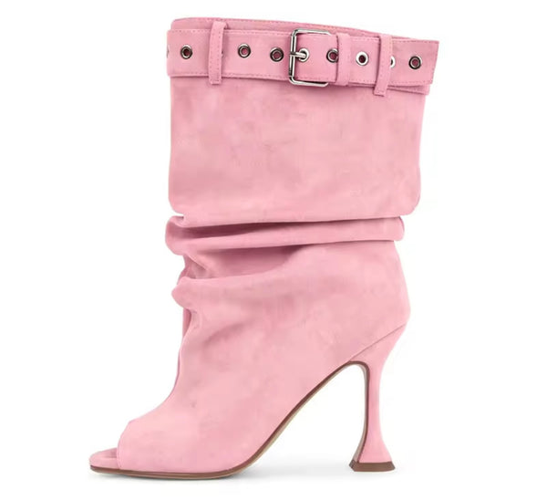 Women Color Open Toe Suede Buckle Ruched High Heel Boots