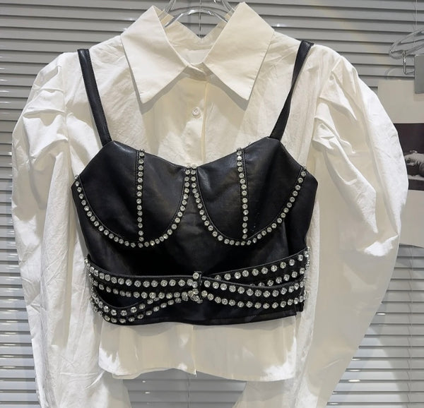 Women Fashion Button Up Full Sleeve Bling Two Piece Top