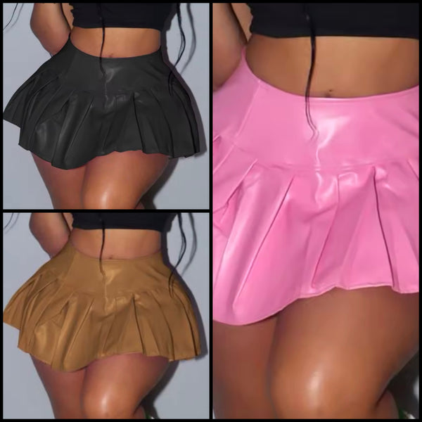 Women Sexy Fashion Faux Leather Pleated Skirt