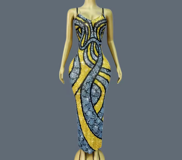 Women Sexy Color Patchwork Sleeveless Rhinestone Maxi Dress