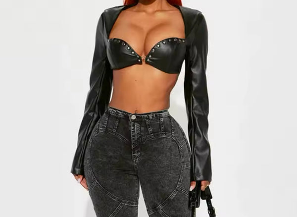 Women Fashion Black Rivet Full Sleeve Faux Leather Crop Top