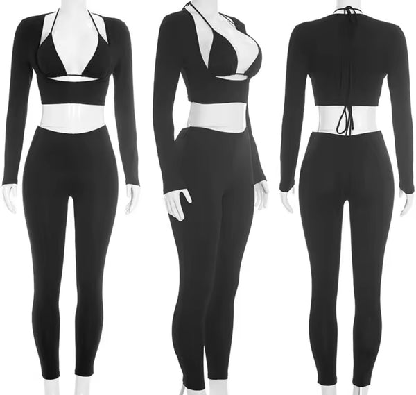 Women Sexy Cut Out Full Sleeve Crop Two Piece Pant Set