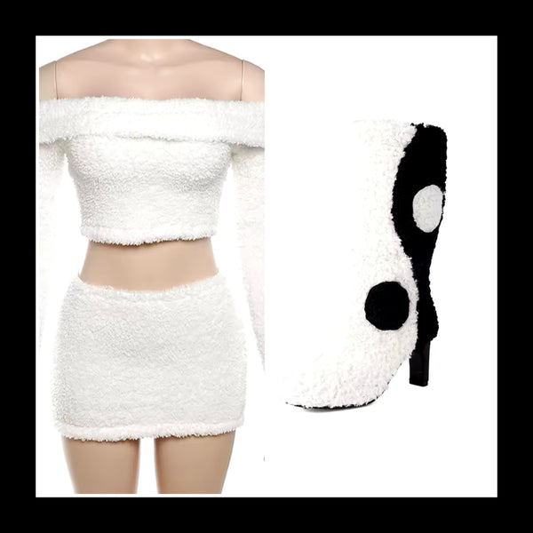 Women Sexy Solid Color Furry Off The Shoulder Two Piece Skirt Set