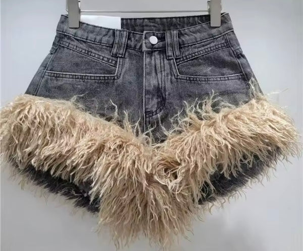 Women Fashion Fur Patchwork Denim Shorts