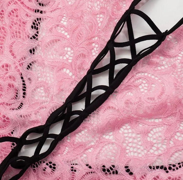 Women Sexy Pink Sleeveless Halter Lace Jumpsuit
