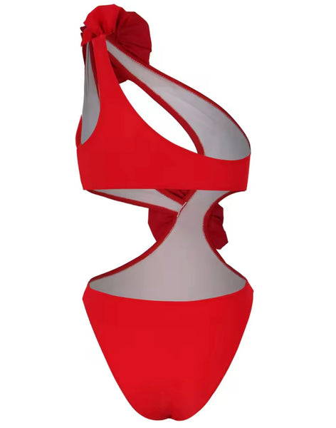 Women Sexy 3D Floral One Shoulder Cut Out Swimsuit Cover Up Set