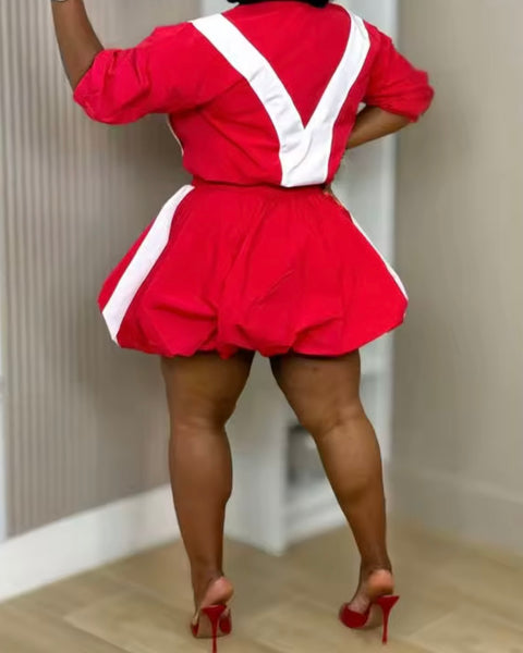 Women Striped Zip Up Short Sleeve Two Piece Bubble Skirt Set