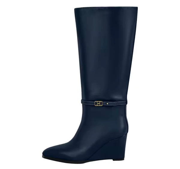 Women Fashion Color Faux Leather Buckle Wedge Knee High Boots
