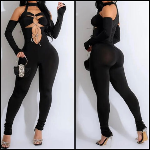 Women Black Sexy Cut Out Full Sleeve Lace Up Jumpsuit