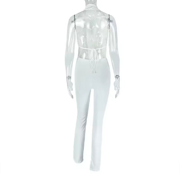 Women Sexy Halter Sleeveless Solid Color Two Piece Pant Set