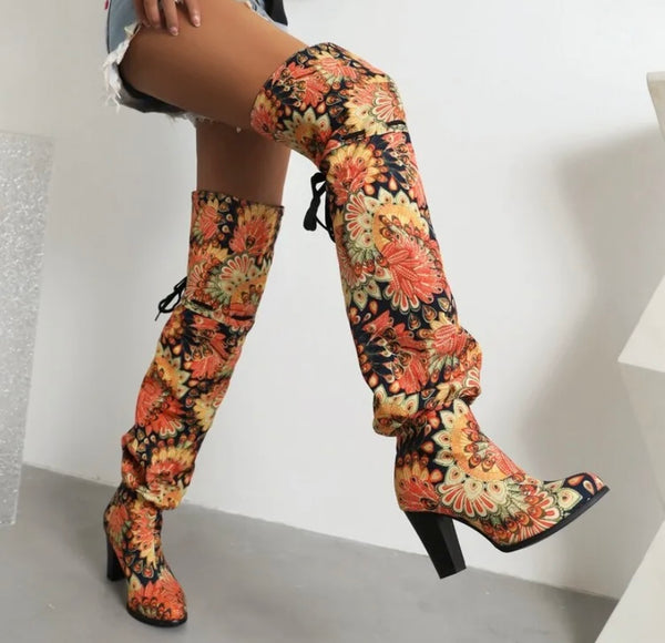 Women Fashion Printed Faux Leather Over The Knee Boots