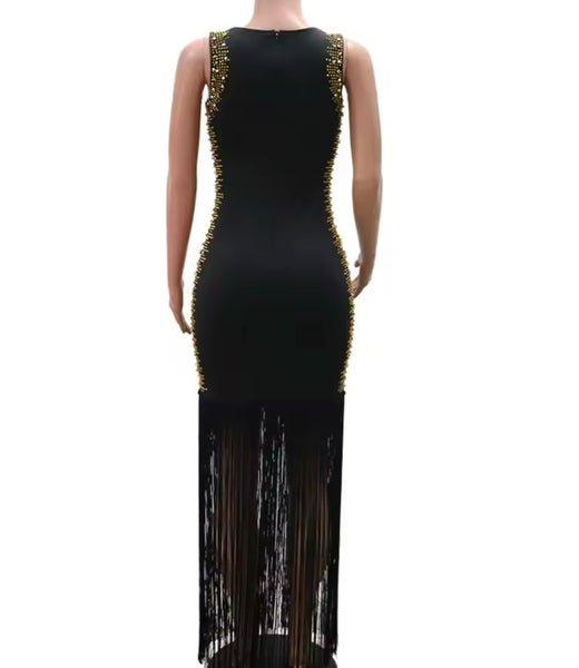 Women Black Beaded Sleeveless Fringe Maxi Dress