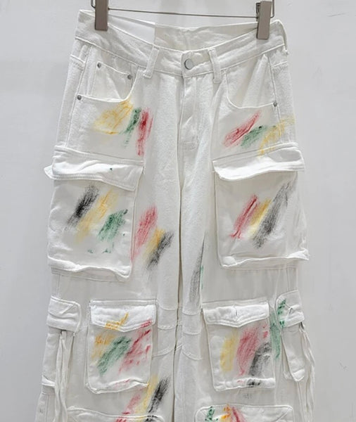 Women White Color Patchwork Cargo Denim Pants