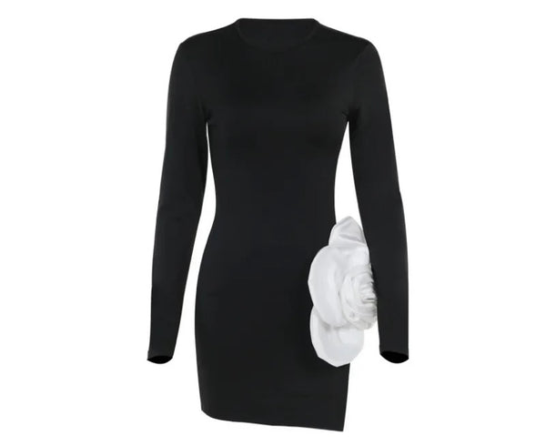 Women Black Sexy Floral Full Sleeve Side Split Dress