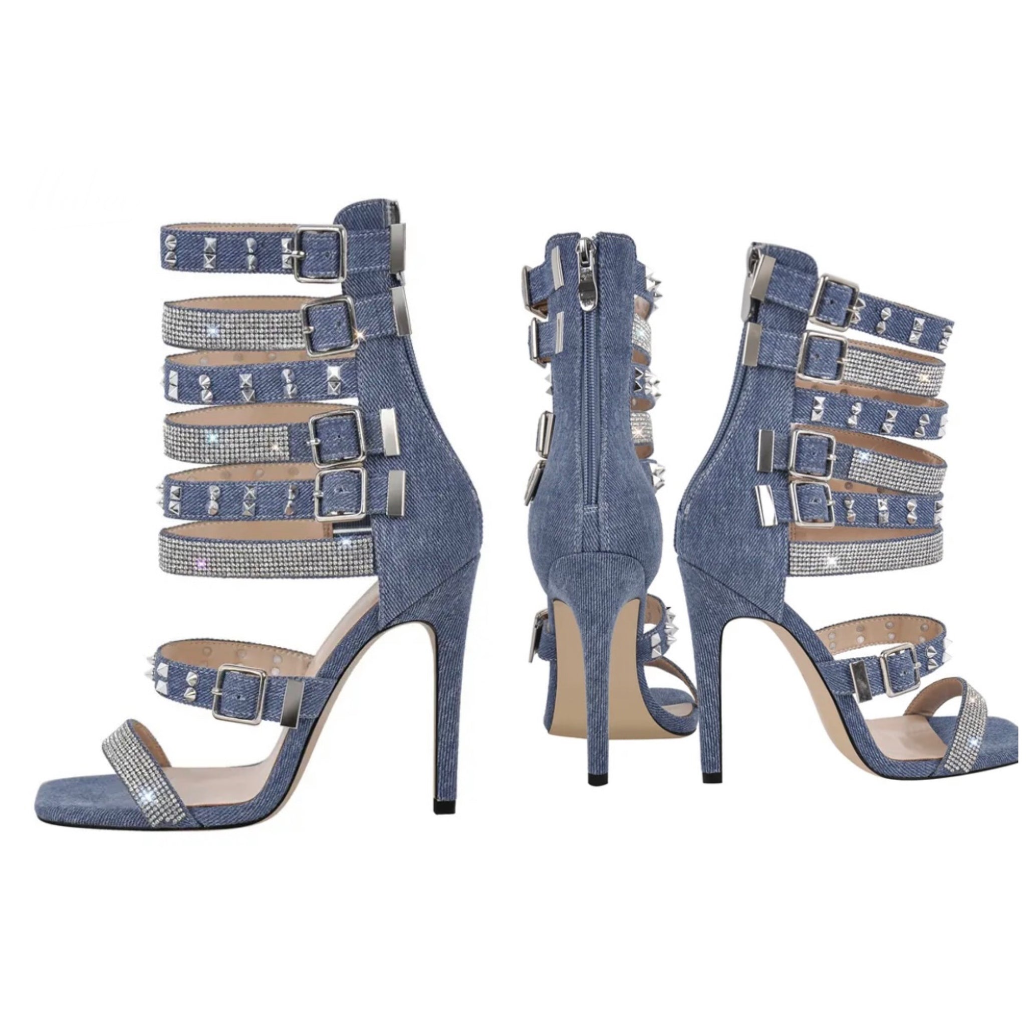 Women Fashion Denim Bling Rivet Buckled Sandals