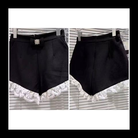 Women Fashion B&W Ruffled Lace Shorts