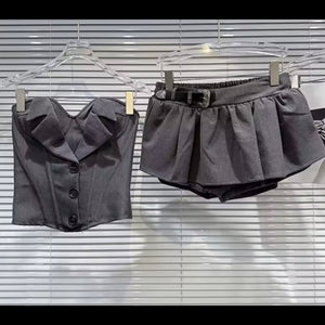 Women Button Up Strapless Sexy Two Piece Gray Skirt Set