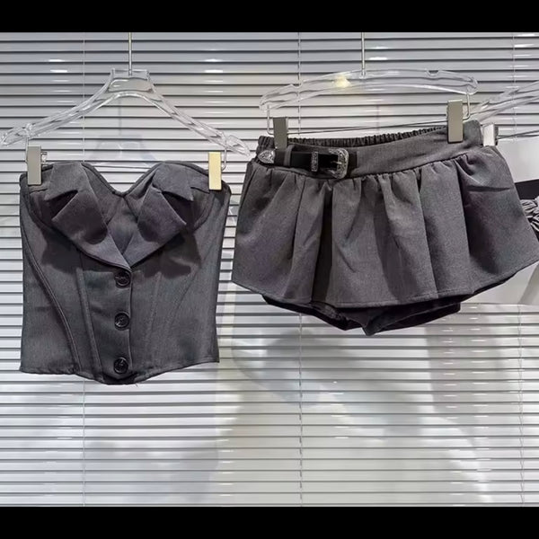 Women Button Up Strapless Sexy Two Piece Gray Skirt Set