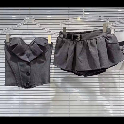Women Button Up Strapless Sexy Two Piece Gray Skirt Set