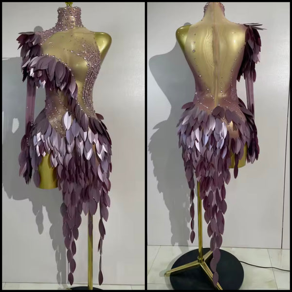 Women Purple One Shoulder Sequins Rhinestone Mesh Dress