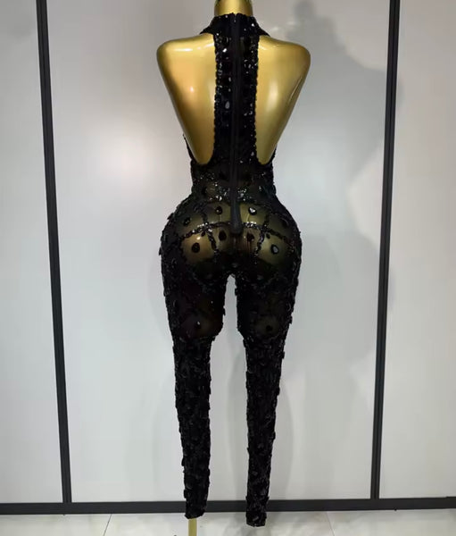 Women Black Sexy Sleeveless Sequins Crystal Mesh Jumpsuit