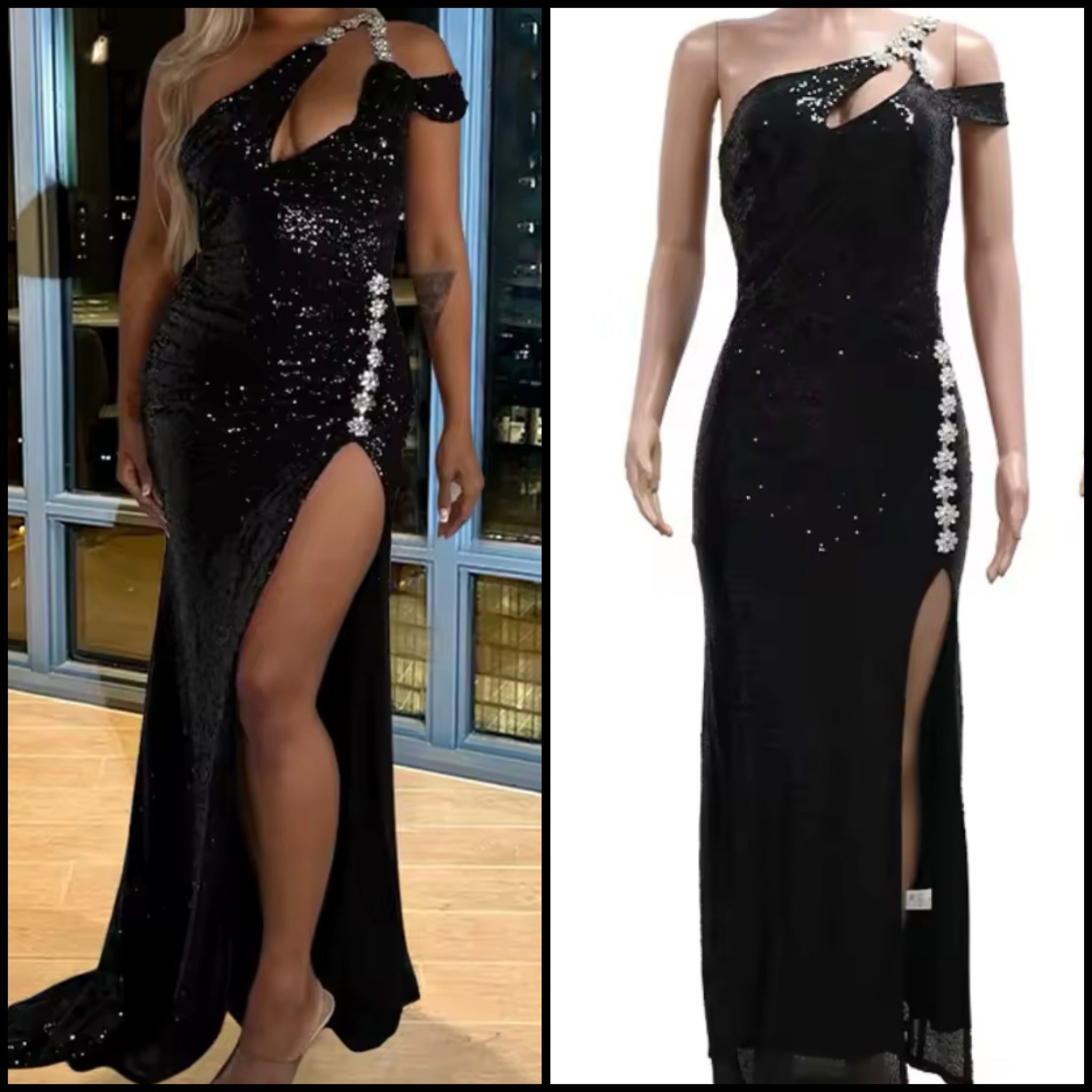 Women Sexy Black Bling Sequins One Shoulder Sleeveless Maxi Dress