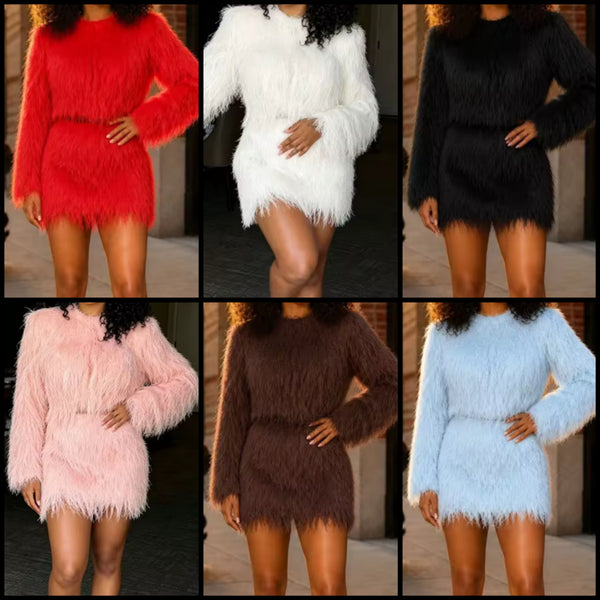 Women Sexy Faux Fur Full Sleeve Two Piece Skirt Set